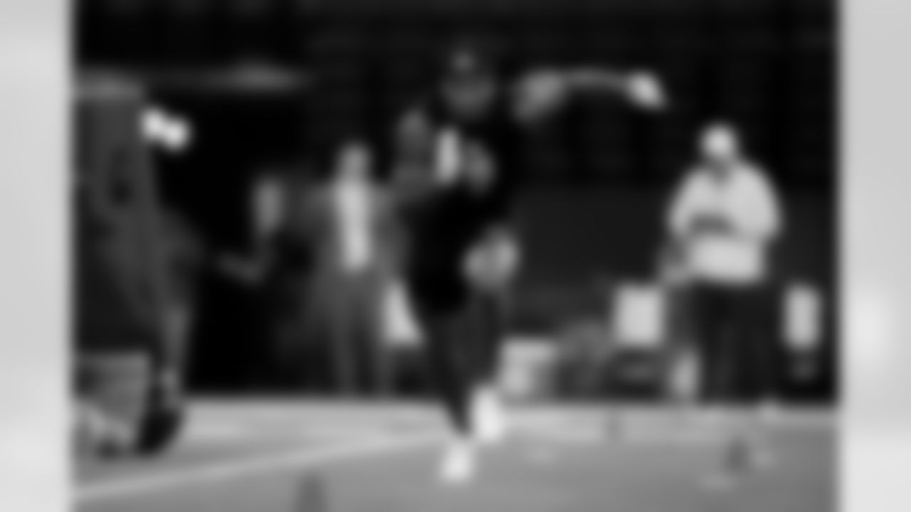 Pittsburgh linebacker Kyle Louis (16) during the 2026 NFL Scouting Combine on Thursday, February 26, 2026 in Indianapolis, Indiana. (Cooper Neill/NFL)