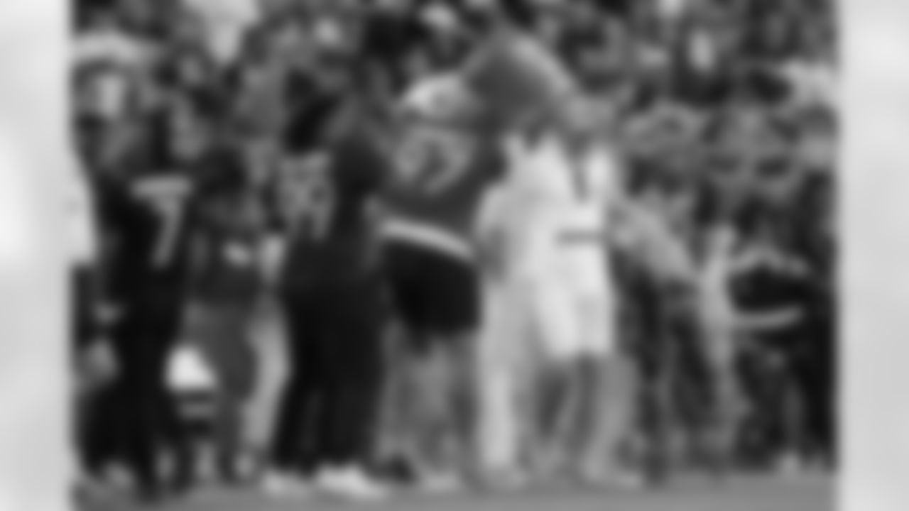 NFC linebacker Dexter Lawrence (97), of the New York Giants, dunks head coach Eli Manning toward the end of their win in the flag football event at the NFL Pro Bowl Games on Sunday, February 2, 2025, in Orlando, Fla. (Vera Nieuwenhuis/AP Images for NFL)