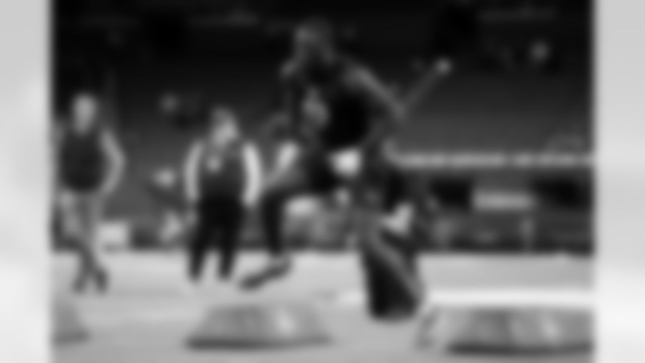 Miami linebacker Wesley Bissainthe (03) participates in a drill during the 2026 NFL Scouting Combine on Thursday, February 26, 2026 in Indianapolis, Indiana. (Lauren Leigh Bacho/NFL)