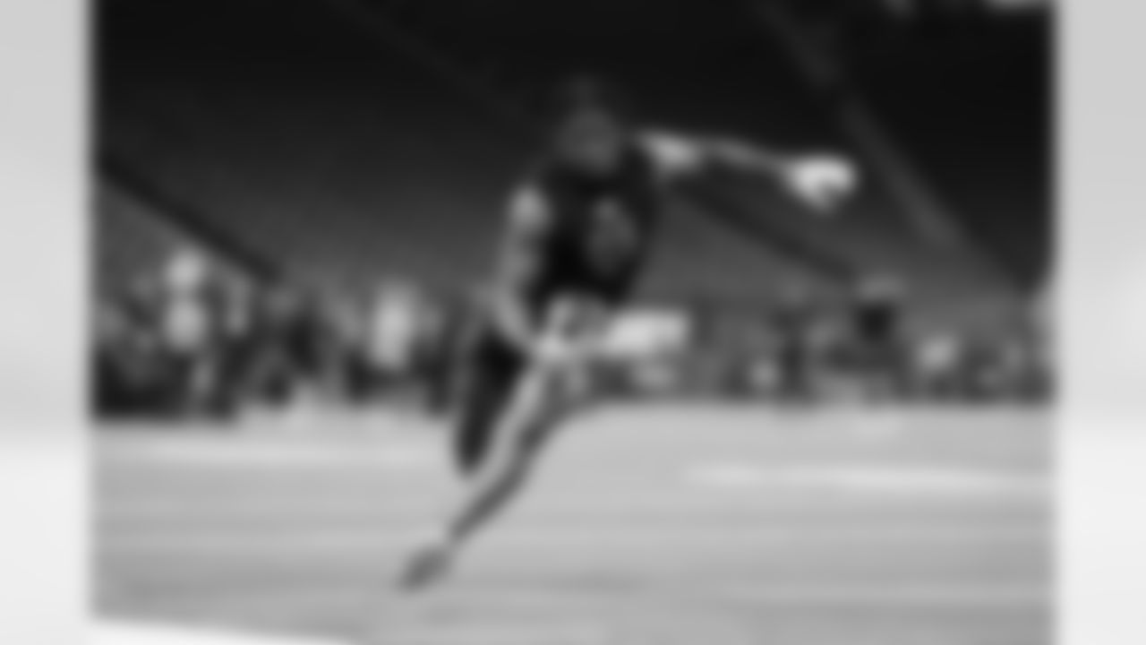 UConn wide receiver Skyler Bell (05) participates in a drill during the 2026 NFL Scouting Combine on Saturday, February 28, 2026 in Indianapolis, Indiana. (Cooper Neill/NFL)