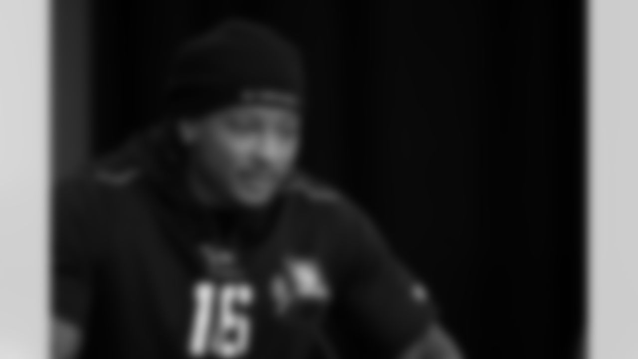 2026 Combine Participants Pittsburgh linebacker Kyle Louis (16) speaks during a press conference at the 2026 NFL Scouting Combine on Wednesday, February 25, 2026 in Indianapolis, Indiana. (Cooper Neill/NFL)