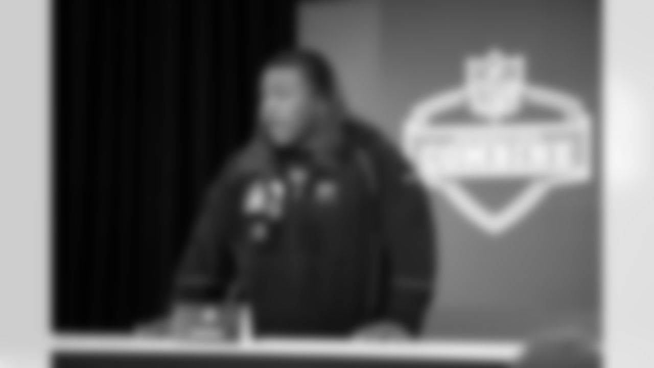 Alabama defensive lineman Tim Keenan III (18) speaks during a press conference at the 2026 NFL Scouting Combine on Wednesday, February 25, 2026 in Indianapolis, Indiana. (Cooper Neill/NFL)