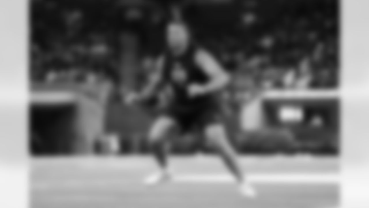 Memphis offensive lineman Travis Burke (09) participates in a drillduring the 2026 NFL Scouting Combine on Sunday, March 1, 2026 in Indianapolis, Indiana. (Cooper Neill/NFL)