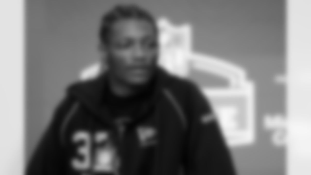 Ohio State wide receiver Carnell Tate (37) speaks during a press conference at the 2026 NFL Scouting Combine on Friday, February 27, 2026 in Indianapolis, Indiana. (Lauren Leigh Bacho/NFL)