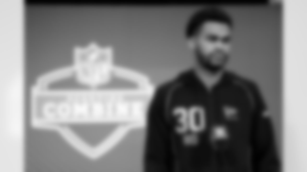 TCU wide receiver Eric McAlister (30) speaks during a press conference at the 2026 NFL Scouting Combine on Friday, February 27, 2026 in Indianapolis, Indiana. (Lauren Leigh Bacho/NFL)