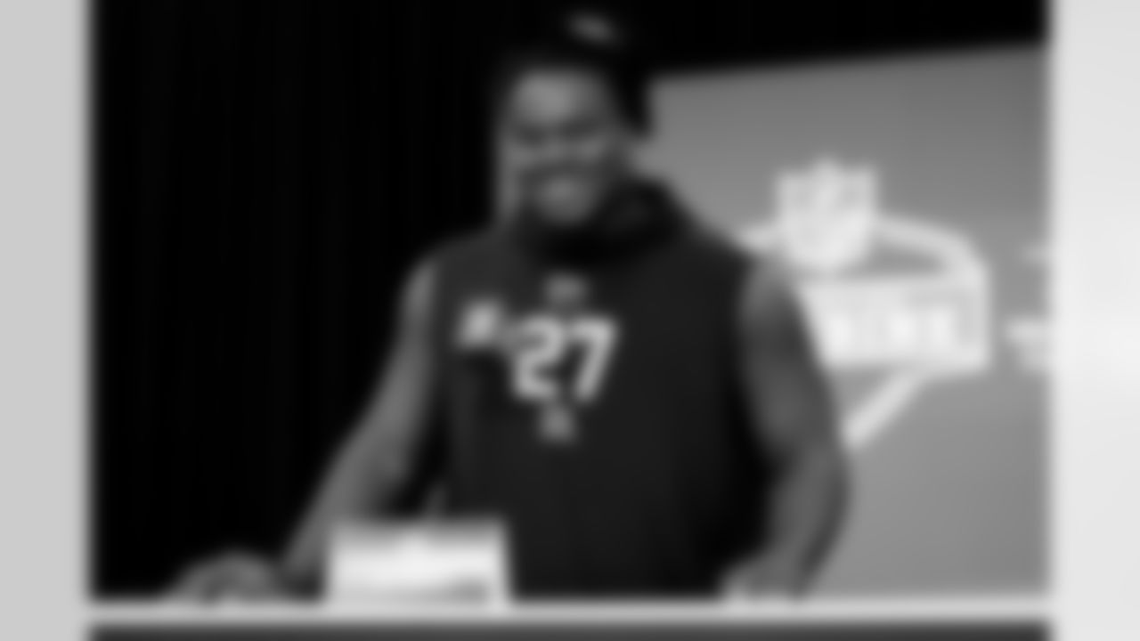 Ucla defensive lineman Gary Smith III (27) speaks during a press conference at the 2026 NFL Scouting Combine on Wednesday, February 25, 2026 in Indianapolis, Indiana. (Lauren Leigh Bacho/NFL)