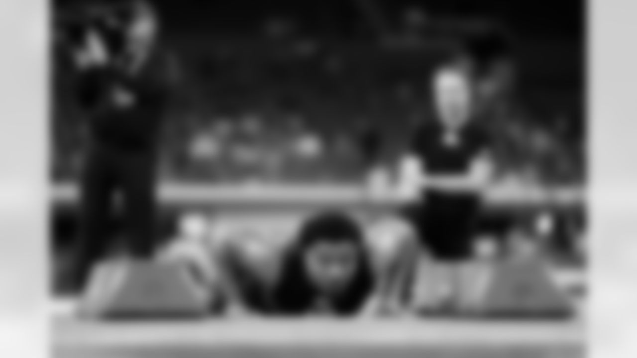 Baylor defensive lineman Jackie Marshall (19) participates in a drill during the 2026 NFL Scouting Combine on Thursday, February 26, 2026 in Indianapolis, Indiana. (Cooper Neill/NFL)