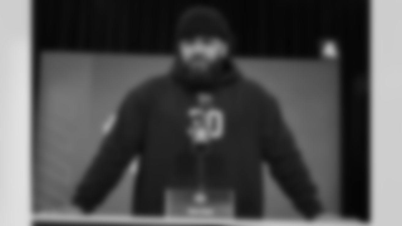 Penn State offensive lineman Olaivavega Ioane (30) speaks during a press conference at the NFL football scouting combine in Indianapolis, Saturday, Feb. 28, 2026. (AP Photo/Michael Conroy)