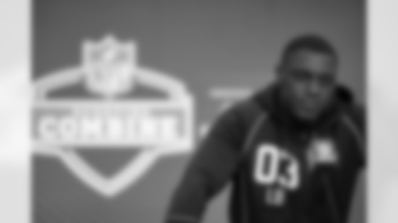 Miami linebacker Wesley Bissainthe (03) speaks during a press conference at the 2026 NFL Scouting Combine on Wednesday, February 25, 2026 in Indianapolis, Indiana. (Cooper Neill/NFL)