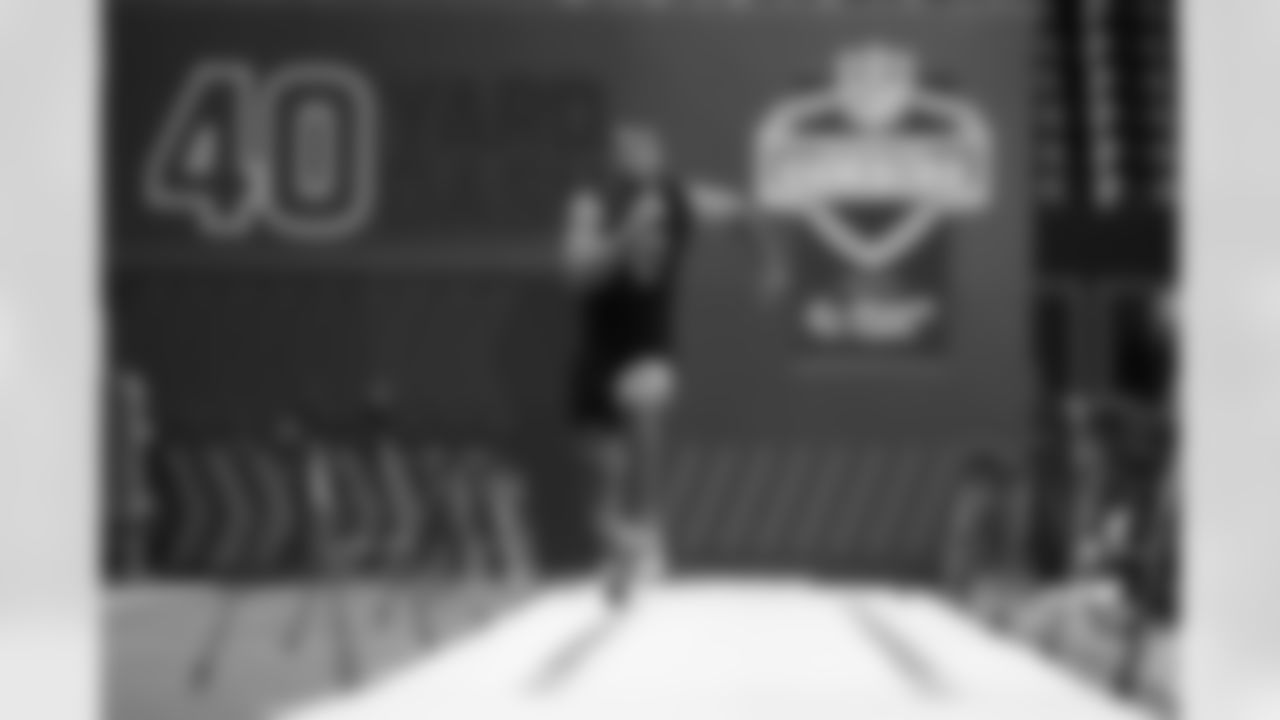 Ohio State wide receiver Carnell Tate (37) runs the 40-yard dash during the 2026 NFL Scouting Combine on Saturday, February 28, 2026 in Indianapolis, Indiana. (Cooper Neill/NFL)