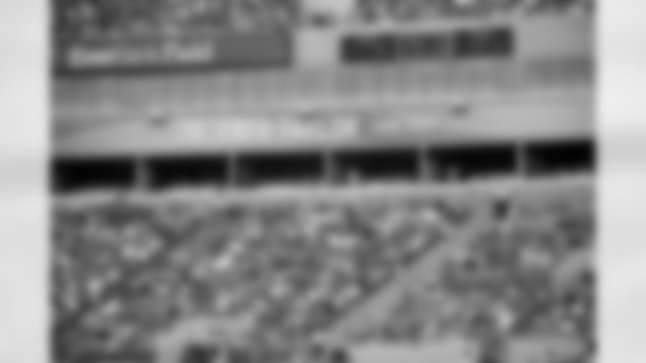 Former Jacksonville Jaguars running back Fred Taylor's name is displayed between the upper and lower decks of EverBank Field after his induction into the team's Pride of the Jaguars honorary group during a halftime ceremony of an NFL football game against the Cincinnati Bengals in Jacksonville, Fla., Sunday, Sept. 30, 2012.(AP Photo/Phelan M. Ebenhack)