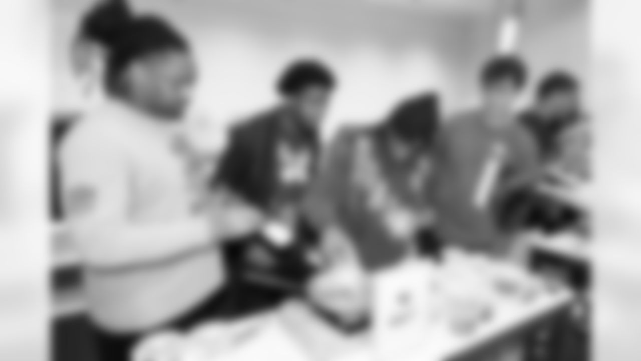 Jacksonville, Fla. — Jaguars defensive lineman Keivie Rose, wide receiver Darius Lassiter, defensive back Jabbar Muhammad and quarterback Seth Henigan (left to right) during the rookie cooking competition at the Miller Electric Center on June 3, 2025.