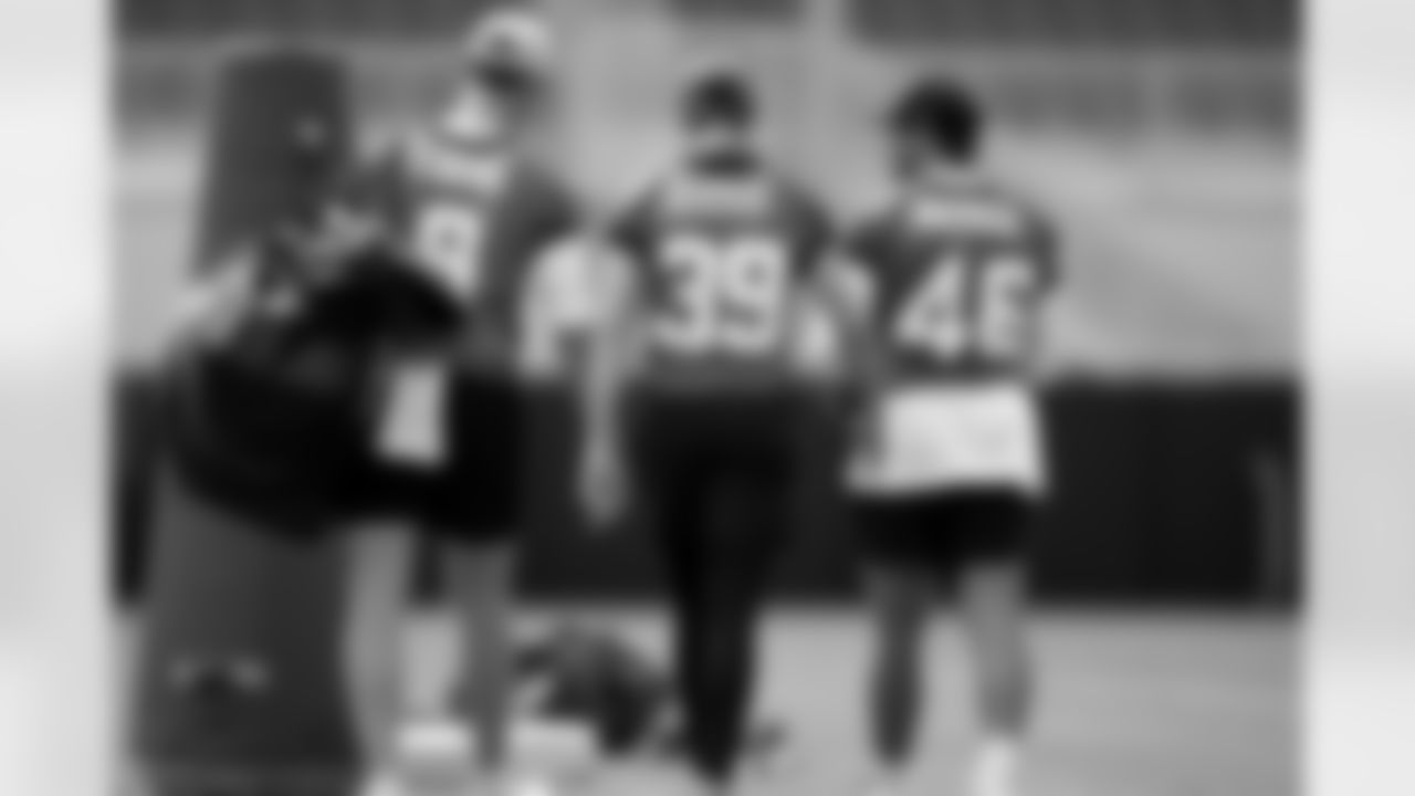 Jacksonville, Fla. — Jaguars punter Logan Cooke (9), kicker Cam Little (39), and long snapper Ross Matiscik (46) during voluntary veteran minicamp at the Miller Electric Center on April 21, 2025.
