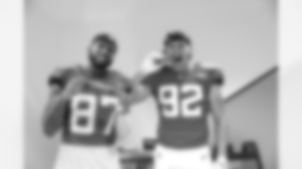 Jacksonville, Fla. — A behind-the-scenes image of wide receiver J.J. Jones (87) and defensive lineman Danny Striggow (92) during media day at EverBank Stadium on Monday, June 8, 2025.