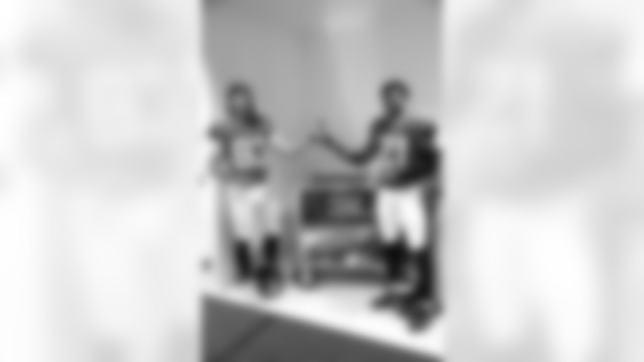 Jacksonville, Fla. — A behind-the-scenes image of wide receiver Trenton Irwin (83) and cornerback Christian Braswell (21) during media day at EverBank Stadium on Monday, June 8, 2025.