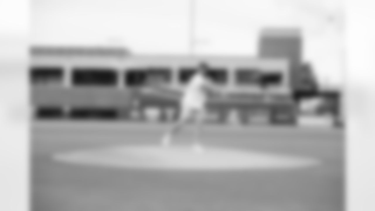 Jacksonville, Fla. — Jaguars head coach Liam Coen delivers the first pitch before a Jacksonville Jumbo Shrimp baseball game at Vystar Ballpark on June 4, 2025.