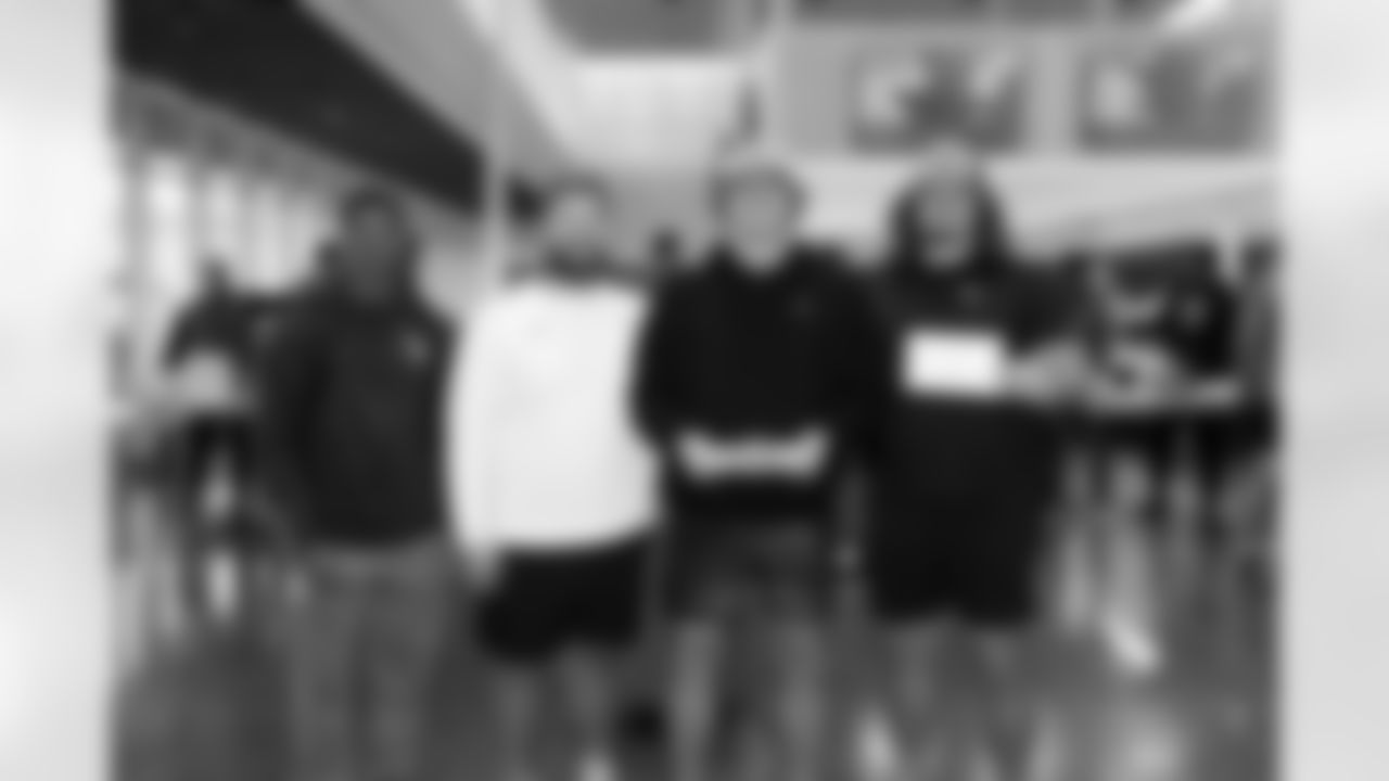 Jacksonville, Fla. — Jaguars safety Rayuan Lane III, defensive lineman James Carpenter, defensive lineman Danny Striggow and center Jonah Monheim (left to right) during the rookie cooking competition at the Miller Electric Center on June 3, 2025.