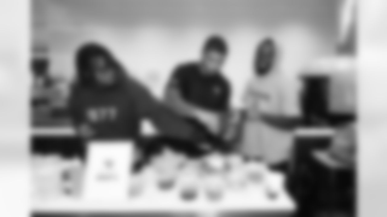 Jacksonville, Fla. — Jaguars wide receiver Dorian Singer, wide receiver Eli Pancol and defensive back Aydan White (left to right) during the rookie cooking competition at the Miller Electric Center on June 3, 2025.