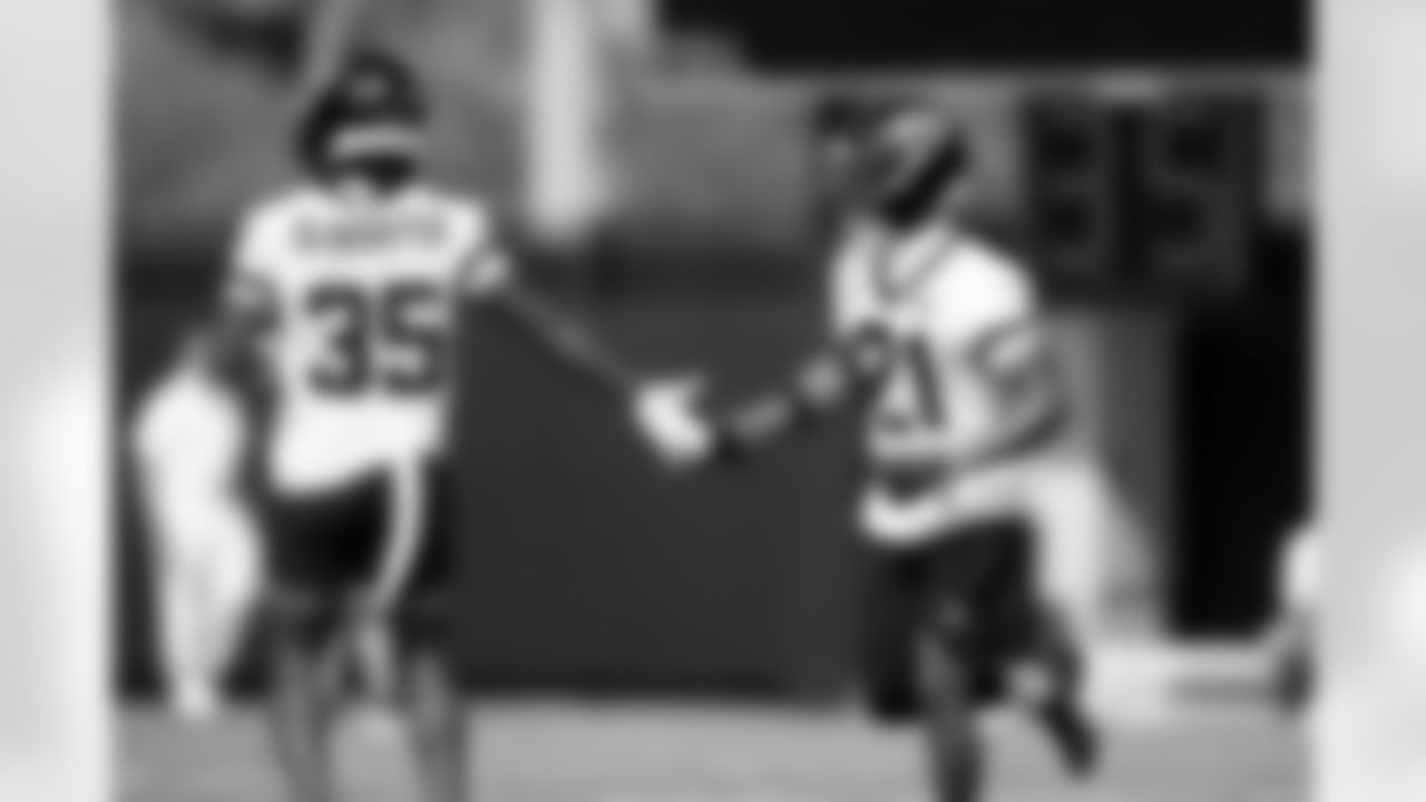 Jacksonville, Fla. — Jaguars defensive back Doneiko Slaughter (35) and cornerback Christian Braswell (21) during OTAs at the Miller Electric Center on June 2, 2025.