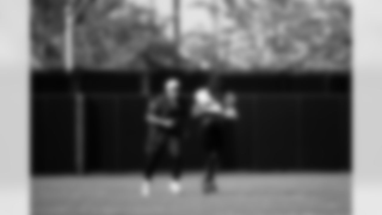 Jacksonville, Fla. — Jaguars running backs coach Chad Morton and running back Bhayshul Tuten (33) during training camp at the Miller Electric Center on August 12, 2025.