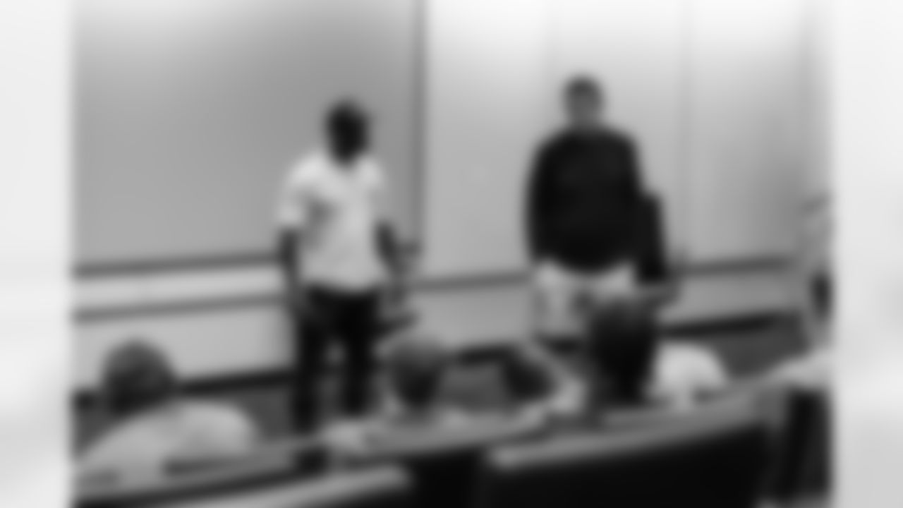 Jacksonville, Fla. — Jaguars legends Fred Taylor (left) and Tony Boselli (right) lead a "Rookies to Pros" discussion at the Miller Electric Center on May 12, 2025.