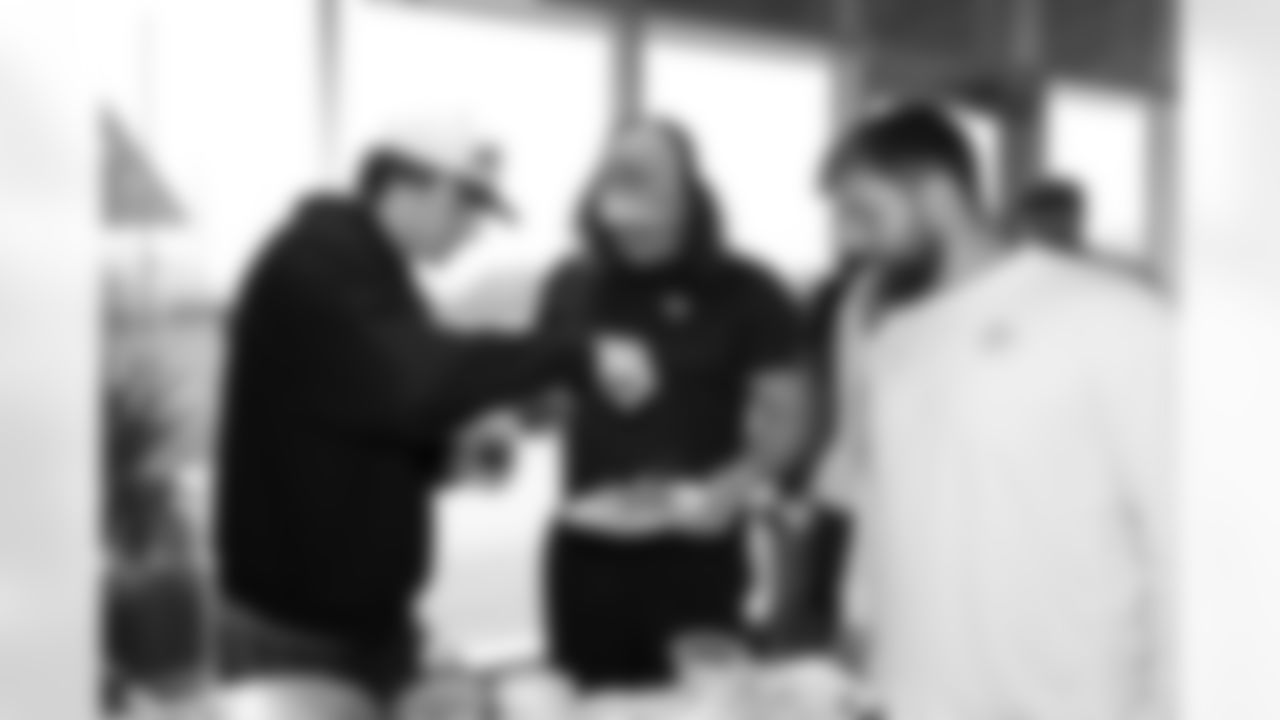 Jacksonville, Fla. — Jaguars defensive lineman Danny Striggow, center Jonah Monheim and defensive lineman James Carpenter (left to right) during the rookie cooking competition at the Miller Electric Center on June 3, 2025.