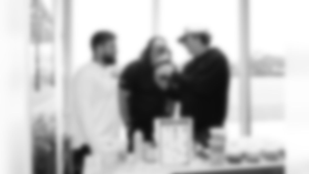 Jacksonville, Fla. — Jaguars defensive lineman James Carpenter, center Jonah Monheim, defensive lineman Danny Striggow (left to right) during the rookie cooking competition at the Miller Electric Center on June 3, 2025.