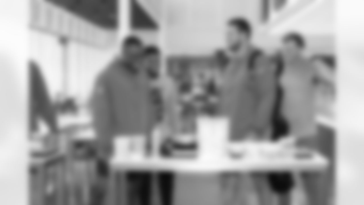 Jacksonville, Fla. — Jaguars defensive lineman B.J. Green II, safety Cam'Ron Silmon-Craig, offensive lineman Wyatt Milum and tight end John Copenhaver (left to right) during the rookie cooking competition at the Miller Electric Center on June 3, 2025.