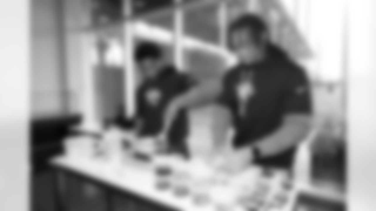 Jacksonville, Fla. — Jaguars defensive back Caleb Ransaw (left) and running back Ja'Quinden Jackson (right) during the rookie cooking competition at the Miller Electric Center on June 3, 2025.