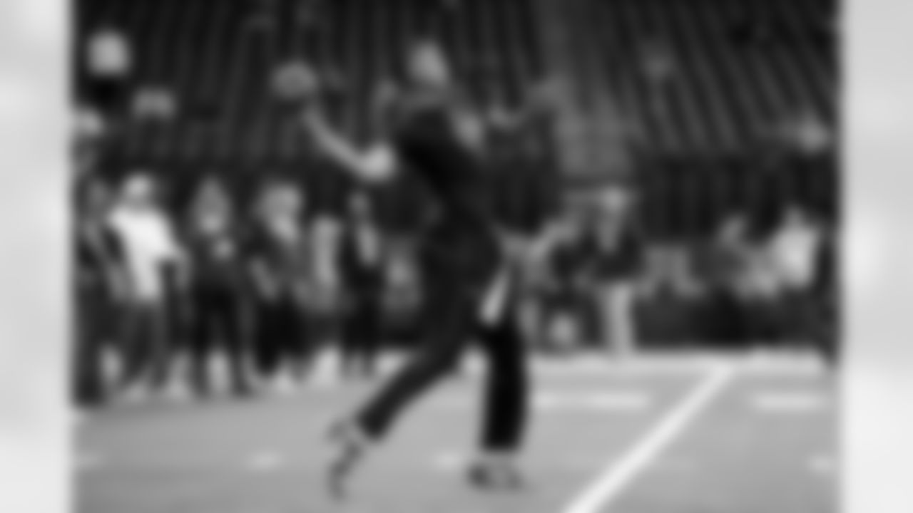 Arkansas quarterback Taylen Green (08) participates in a drill during the 2026 NFL Scouting Combine on Saturday, February 28, 2026 in Indianapolis, Indiana. (Lauren Leigh Bacho/NFL)