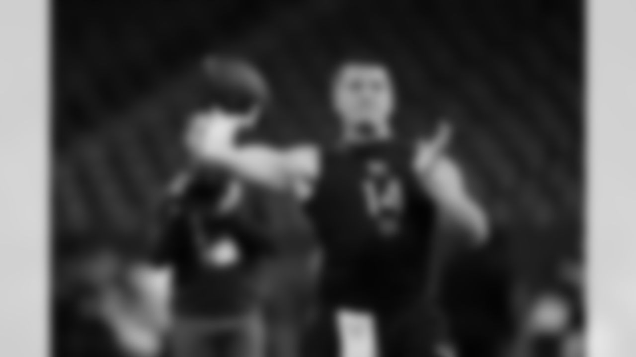 Vanderbilt quarterback Diego Pavia (14) participates in a drill during the 2026 NFL Scouting Combine on Saturday, February 28, 2026 in Indianapolis, Indiana. (Cooper Neill/NFL)