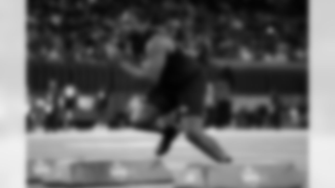 Clemson defensive lineman DeMonte Capehart (05) participates in a drill during the 2026 NFL Scouting Combine on Thursday, February 26, 2026 in Indianapolis, Indiana. (Lauren Leigh Bacho/NFL)