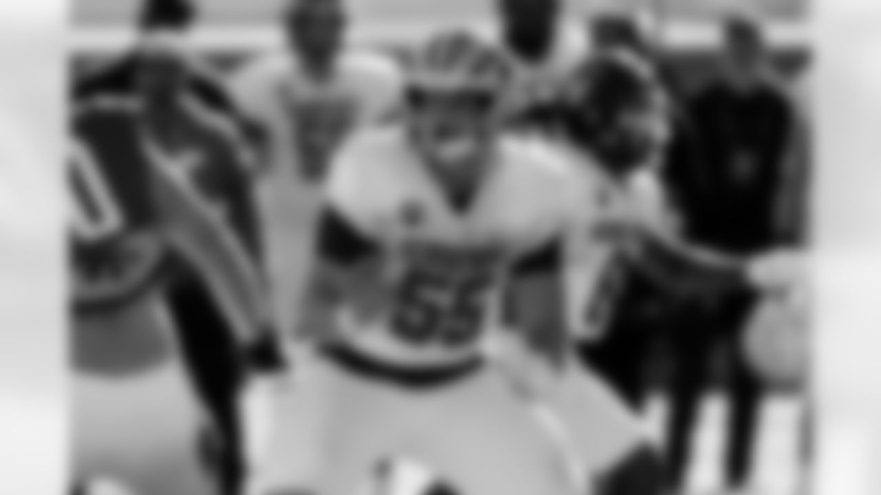 National Team offensive lineman Samuel Hecht (55), of Kansas State, runs through drills during practice for the Senior Bowl NCAA college football game Wednesday, Jan. 28, 2026, in Mobile, Ala. (AP Photo/Butch Dill)