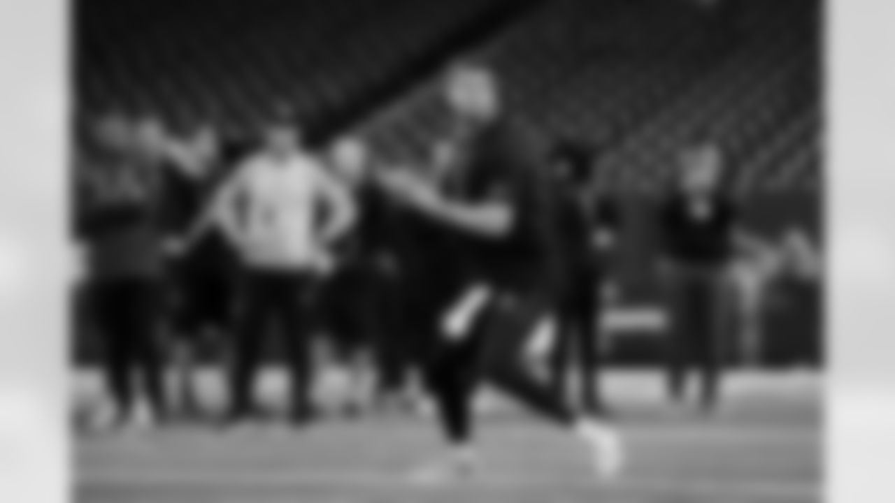 LSU quarterback Garrett Nussmeier (13) participates in a drill during the 2026 NFL Scouting Combine on Saturday, February 28, 2026 in Indianapolis, Indiana. (Cooper Neill/NFL)