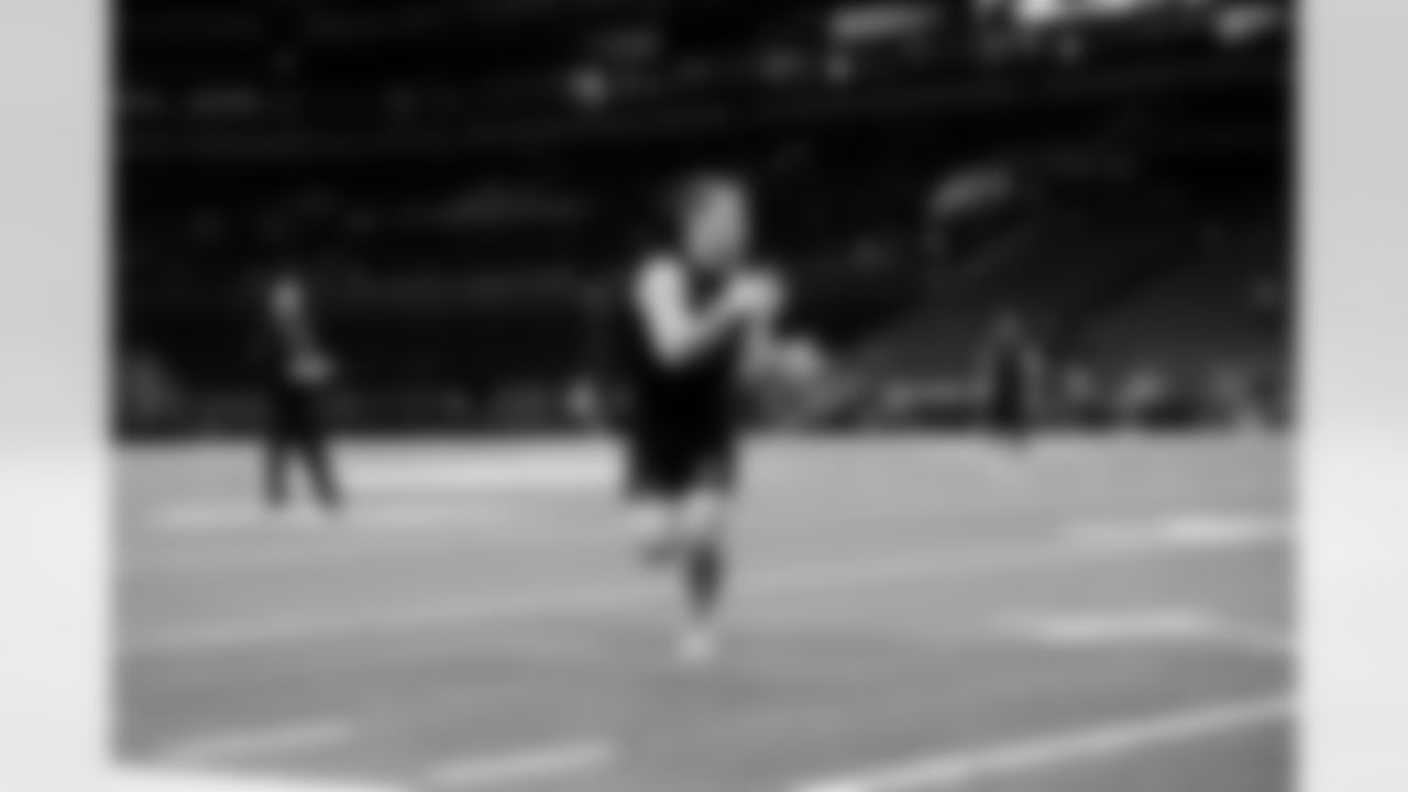 Iowa wide receiver Kaden Wetjen (44) participates in a drill during the 2026 NFL Scouting Combine on Saturday, February 28, 2026 in Indianapolis, Indiana. (Lauren Leigh Bacho/NFL)