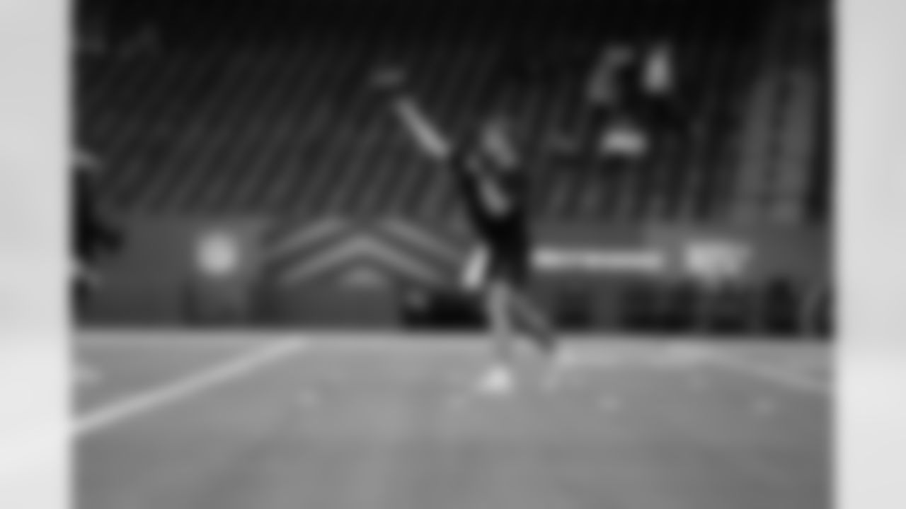 Clemson quarterback Cade Klubnik (10) participates in a drill during the 2026 NFL Scouting Combine on Saturday, February 28, 2026 in Indianapolis, Indiana. (Lauren Leigh Bacho/NFL)