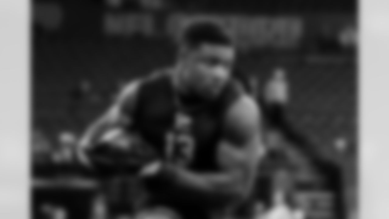 Alabama running back Jam Miller (13) participates in a drill during the 2026 NFL Scouting Combine on Saturday, February 28, 2026 in Indianapolis, Indiana. (Lauren Leigh Bacho/NFL)