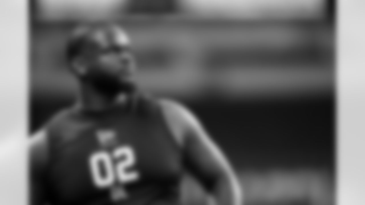 Florida defensive lineman Caleb Banks (02) looks on during the 2026 NFL Scouting Combine on Thursday, February 26, 2026 in Indianapolis, Indiana. (Cooper Neill/NFL)