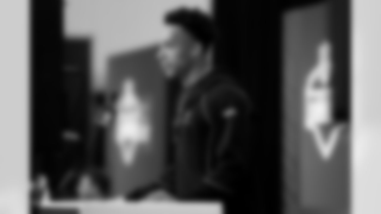 Georgia Tech wide receiver Eric Rivers (32) speaks during a press conference at the 2026 NFL Scouting Combine on Friday, February 27, 2026 in Indianapolis, Indiana. (Lauren Leigh Bacho/NFL)