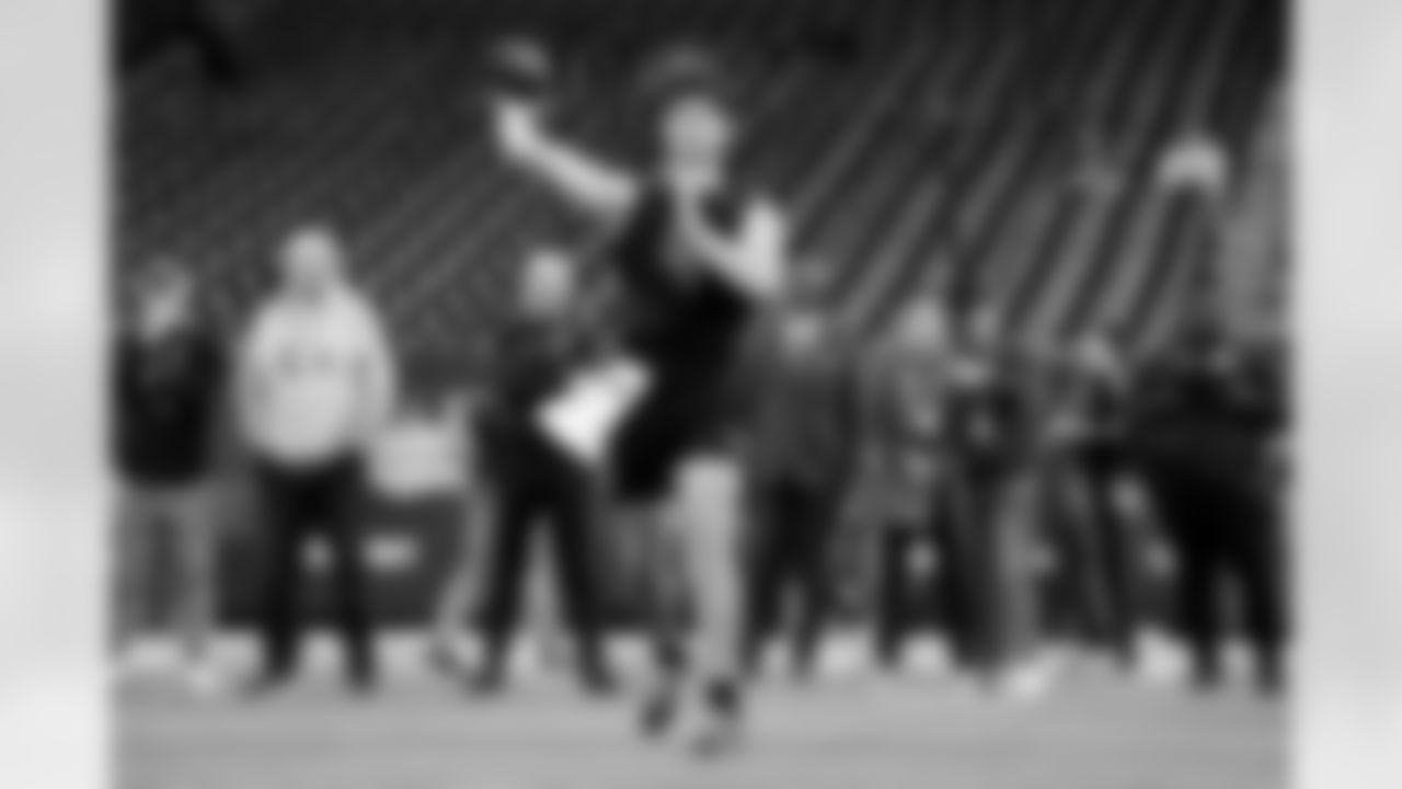 Penn State quarterback Drew Allar (02) participates in a drill during the 2026 NFL Scouting Combine on Saturday, February 28, 2026 in Indianapolis, Indiana. (Lauren Leigh Bacho/NFL)