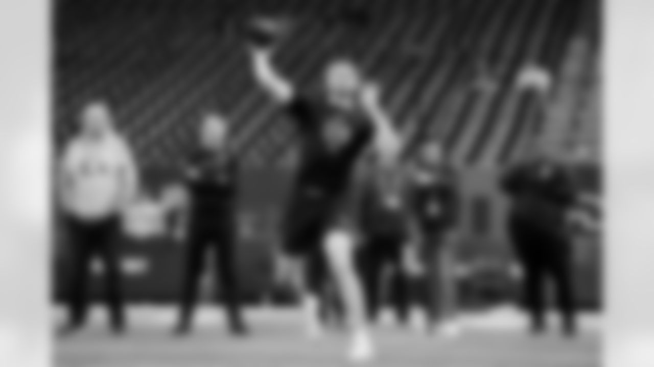 Georgia Tech quarterback Haynes King (09) participates in a drill during the 2026 NFL Scouting Combine on Saturday, February 28, 2026 in Indianapolis, Indiana. (Lauren Leigh Bacho/NFL)