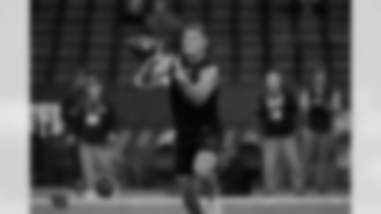 LSU tight end Mason Taylor runs a drill at the NFL football scouting combine in Indianapolis, Friday, Feb. 28, 2025. (AP Photo/George Walker IV)