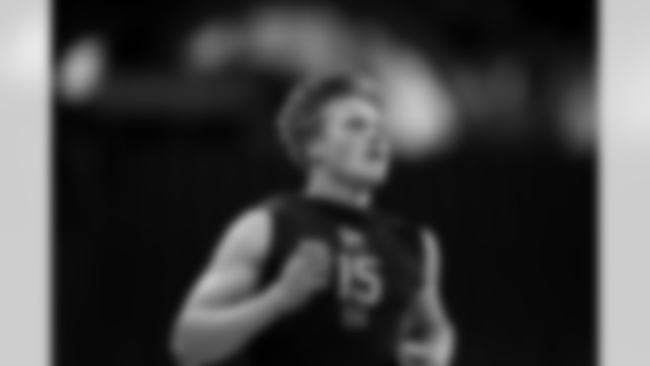 North Dakota State quarterback Cole Payton (15) runs the 40-yard dash during the 2026 NFL Scouting Combine on Saturday, February 28, 2026 in Indianapolis, Indiana. (Cooper Neill/NFL)