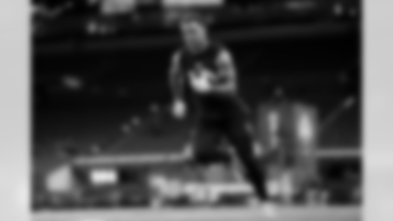 TCU linebacker Namdi Obiazor (18) participates in a drill during the 2026 NFL Scouting Combine on Thursday, February 26, 2026 in Indianapolis, Indiana. (Cooper Neill/NFL)