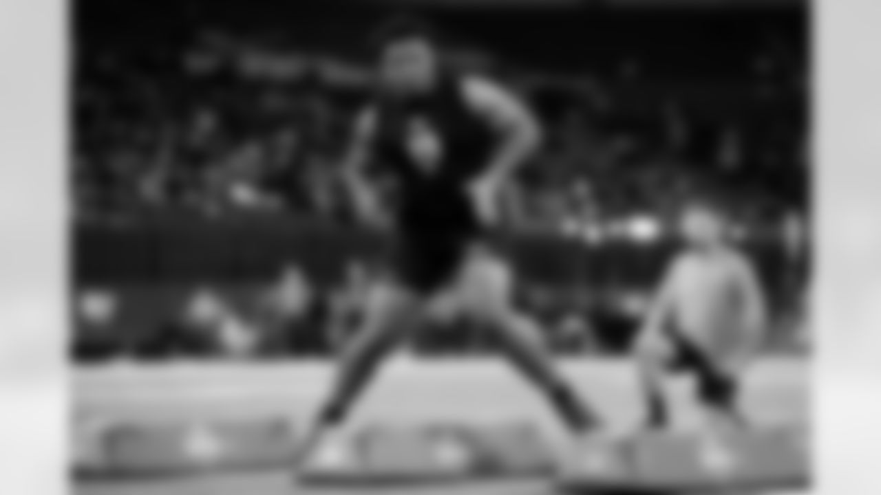 Baylor defensive lineman Jackie Marshall (19) participates in a drill during the 2026 NFL Scouting Combine on Thursday, February 26, 2026 in Indianapolis, Indiana. (Lauren Leigh Bacho/NFL)