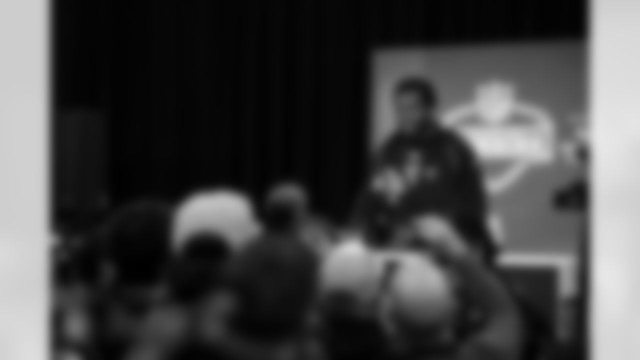 Miami defensive lineman Rueben Bain Jr. (32) speaks during a press conference at the 2026 NFL Scouting Combine on Wednesday, February 25, 2026 in Indianapolis, Indiana. (Cooper Neill/NFL)