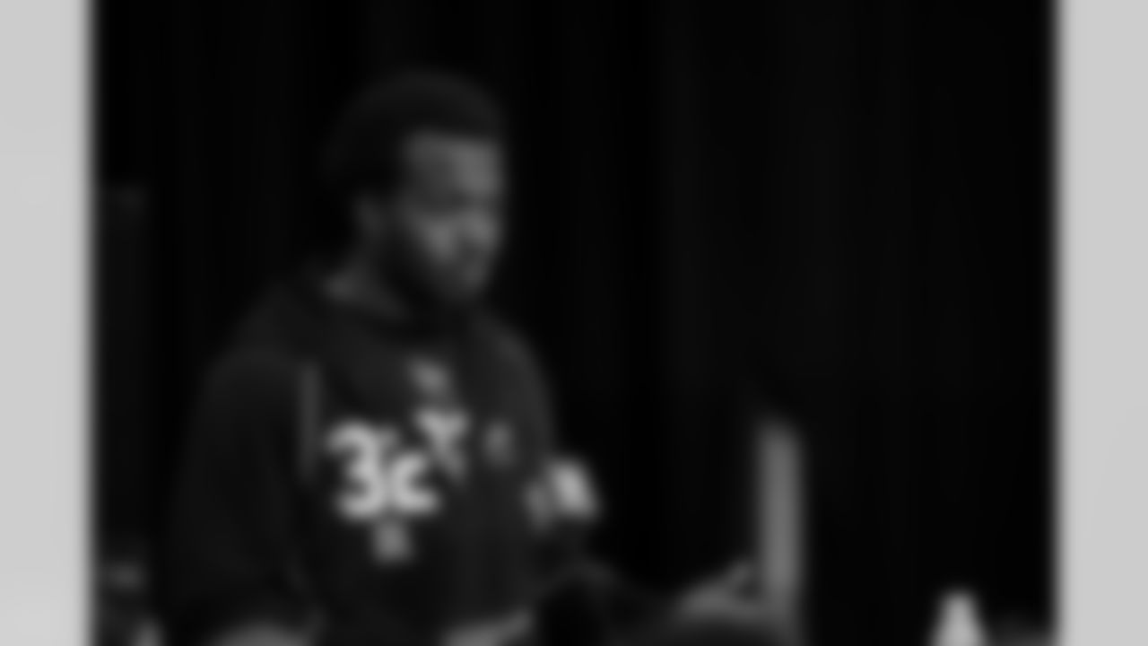 Miami defensive lineman Rueben Bain Jr. (32) speaks during a press conference at the 2026 NFL Scouting Combine on Wednesday, February 25, 2026 in Indianapolis, Indiana. (Cooper Neill/NFL)