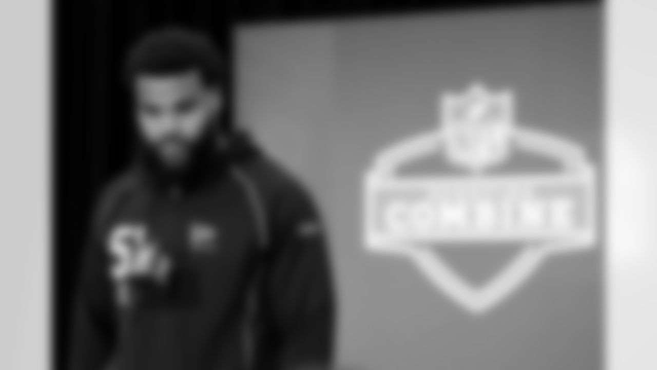 Miami defensive lineman Akheem Mesidor (51) speaks during a press conference at the 2026 NFL Scouting Combine on Wednesday, February 25, 2026 in Indianapolis, Indiana. (Lauren Leigh Bacho/NFL)