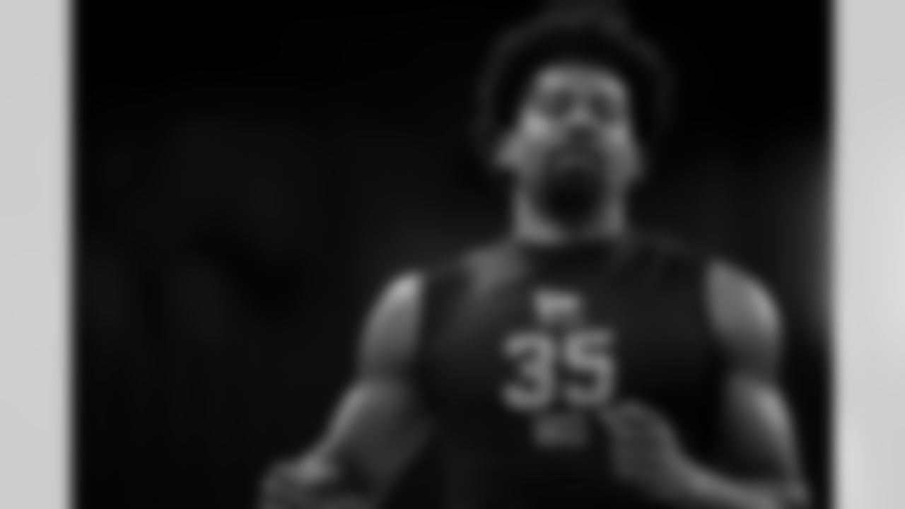 Mississippi wide receiver De'Zhaun Stribling (35) runs the 40-yard dash during the 2026 NFL Scouting Combine on Saturday, February 28, 2026 in Indianapolis, Indiana. (Cooper Neill/NFL)