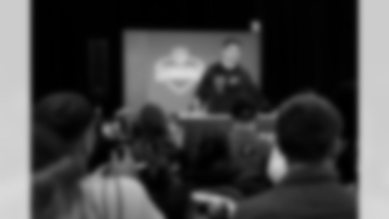 Alabama quarterback Ty Simpson (17) speaks during a press conference at the 2026 NFL Scouting Combine on Friday, February 27, 2026 in Indianapolis, Indiana. (Lauren Leigh Bacho/NFL)